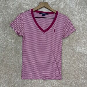 Ralph Lauren Sport V-Neck Short Sleeve Shirt Size Medium T-Shirt‎ Cotton Stripe